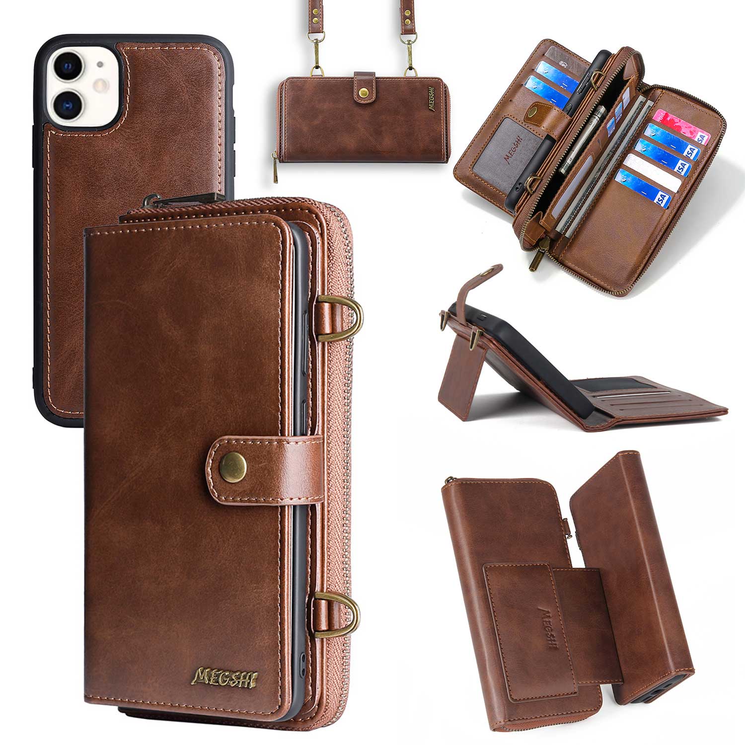 MEGSHI 020 Series for iPhone 12 mini 5.4 inch PU Leather Stand Cover Detachable 2-in-1 Wallet Case with Shoulder Strap MEGSHI 020 Series for iPhone 12 mini 5.4 inch PU Leather Stand Cover Detachable 2-in-1 Wallet Case with Shoulder Strap
